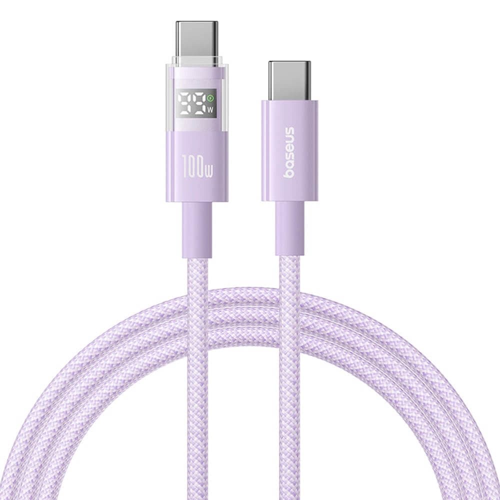 Здрав кабел с въжена оплетка за бързо зареждане за устройства с USB-C порт - Baseus Digital Display 2 USB-C to USB-C Cable 100W (P10382702511-01) (200 см) (лилав)