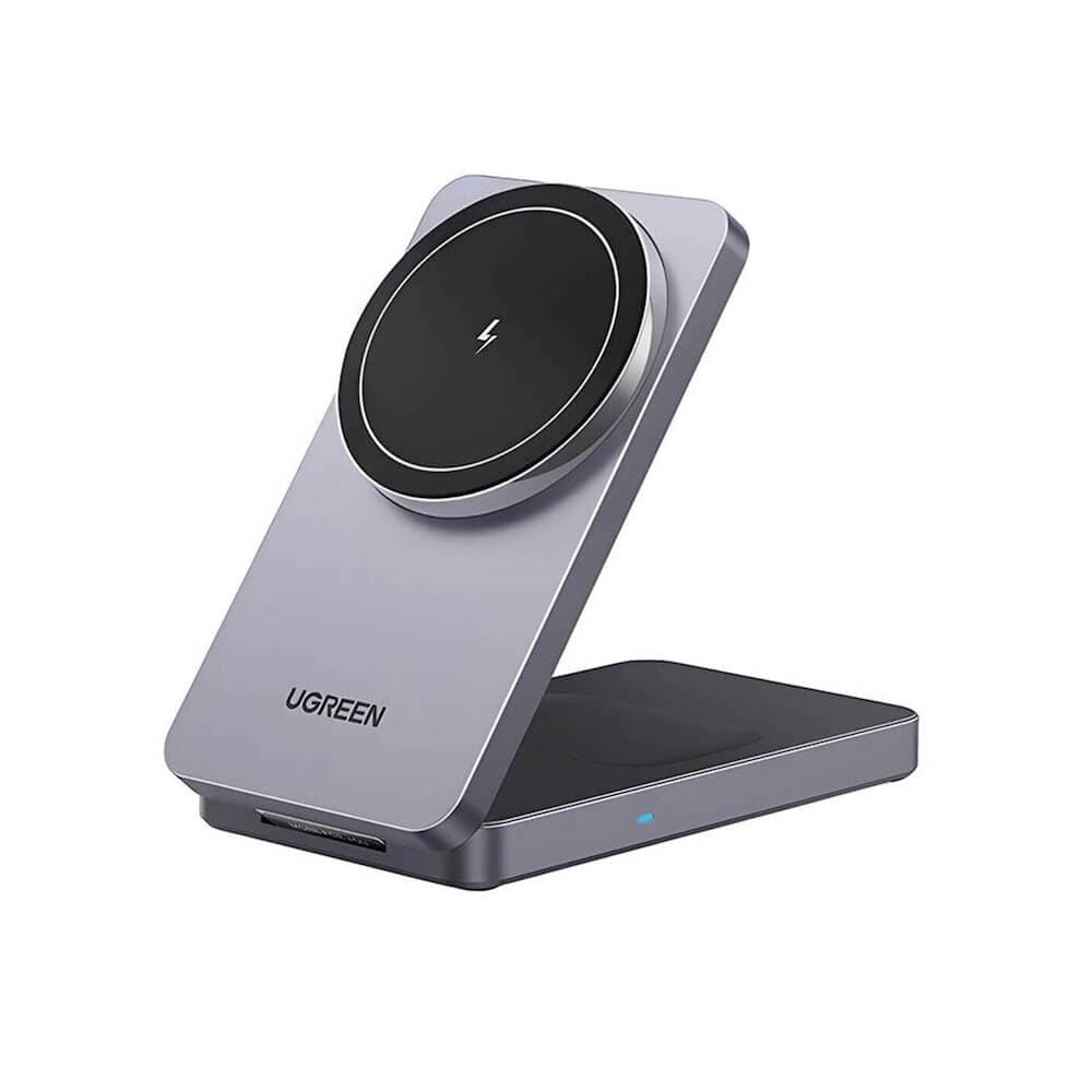 Двойна поставка (пад) за безжично зареждане за iPhone с Magsafe и AirPods - Ugreen 2-in-1 Foldable Qi Wireless Charger 15W (тъмносив)