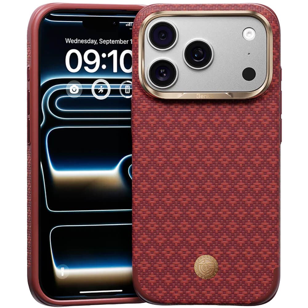 Удароустойчив кевларен кейс с MagSafe за iPhone 18 Pro, iPhone 17 Pro - Benks Magnetic ArmorGrid Kevlar Case Metal Frame Case 600D (червен)