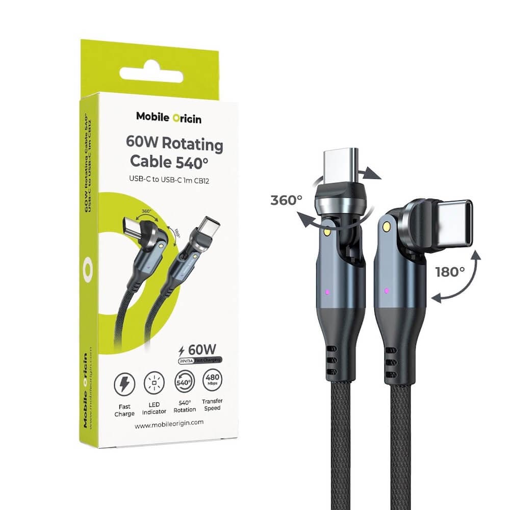 USB-C към USB-C кабел с въртящи конектори за устройства с USB-C - Mobile Origin 540 Rotating Cable USB-C to USB-C Cable 60W (черен) (100см)