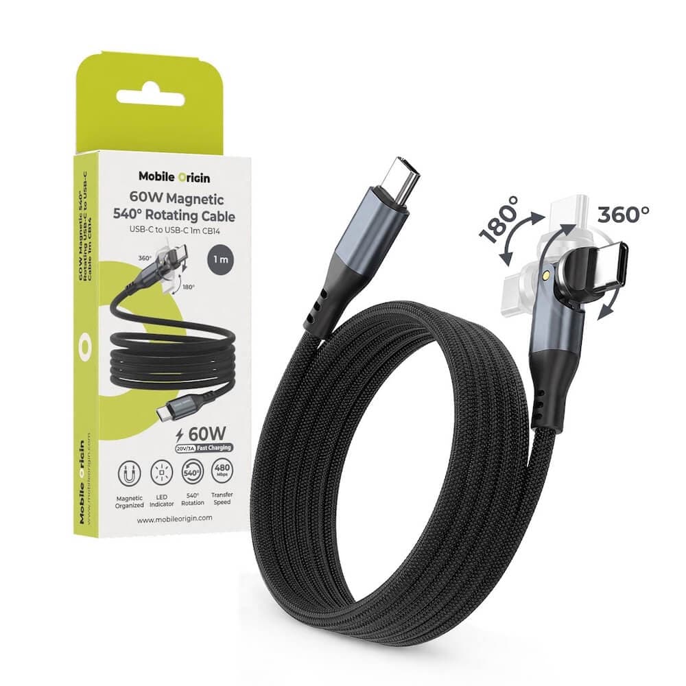 USB-C към USB-C кабел с въртящ се конектор за устройства с USB-C - Mobile Origin CB14 Rotating Cable USB-C to USB-C Cable 60W (черен) (100см)