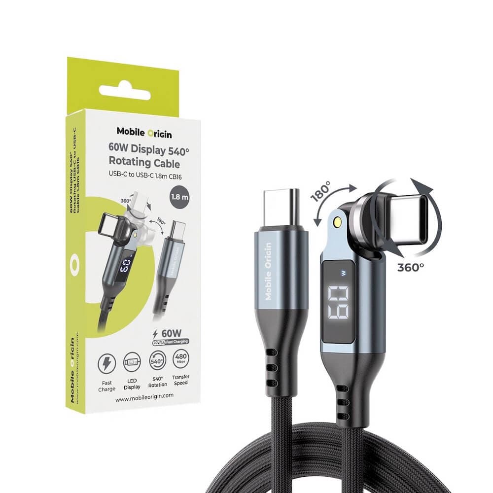USB-C към USB-C кабел с въртящ се конектор и LED дисплей за устройства с USB-C - Mobile Origin CB16 Display Rotating Cable USB-C to USB-C Cable 60W (черен) (180 см)