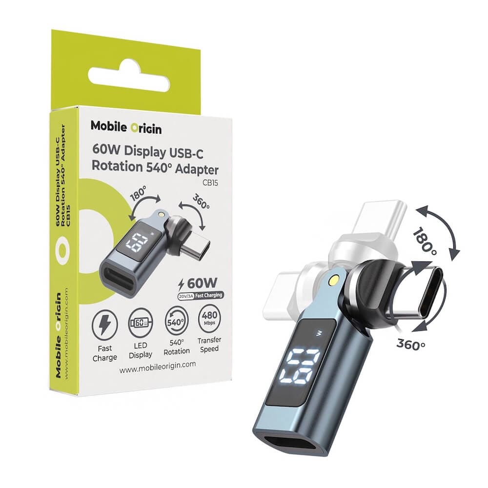Въртящ адаптер от USB-C женско към USB-C мъжко с LED дисплей за мобилни устройства с USB-C порт - Mobile Origin CB15 USB-C to USB-C Display Rotation Adapter 60W