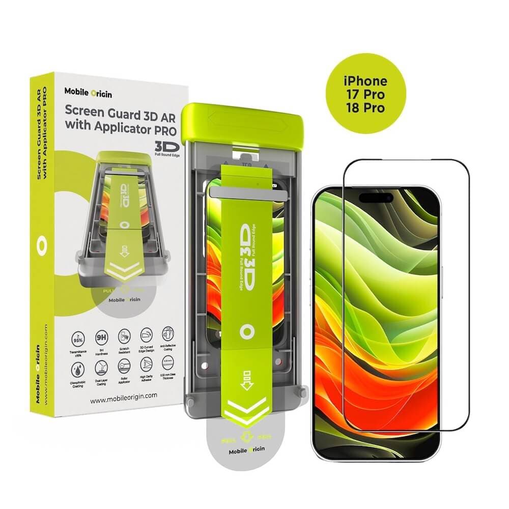 Стъклено защитно покритие за дисплея на дисплея на iPhone 18 Pro, iPhone 17 Pro - Mobile Origin Screen Guard AR 3D Tempered Glass With Applicator Pro (черен-прозрачен)
