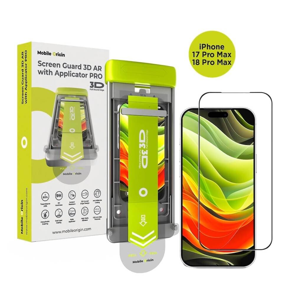 Стъклено защитно покритие за дисплея на дисплея на iPhone 18 Pro Max, iPhone 17 Pro Max - Mobile Origin Screen Guard AR 3D Tempered Glass With Applicator Pro (черен-прозрачен)