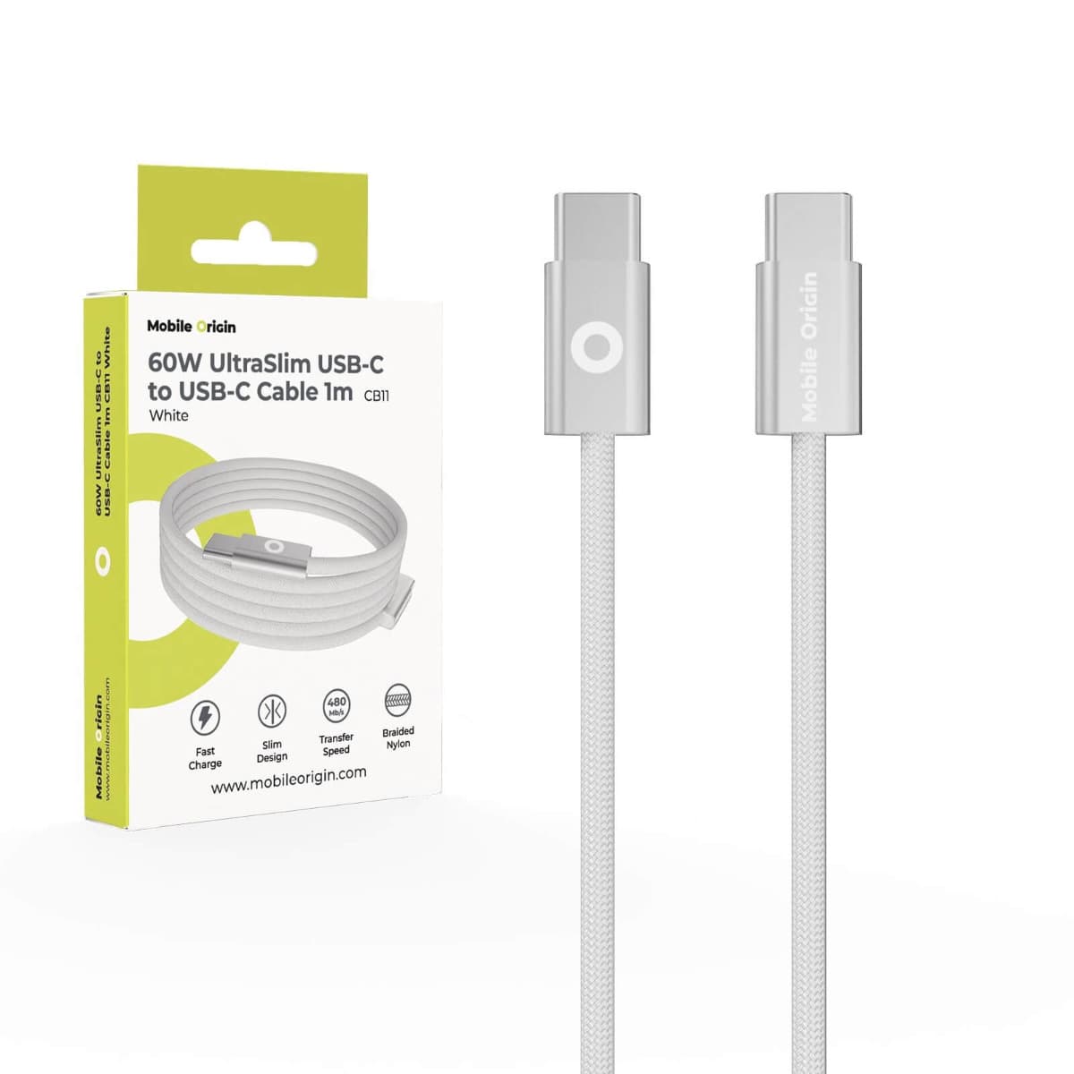 Кабел с въжена оплетка и бързо зареждане за устройства с USB-C порт - Mobile Origin CB11 UltraSlim Super Fast USB-C to USB-C Braided Cable 60W (100 см) (бял)
