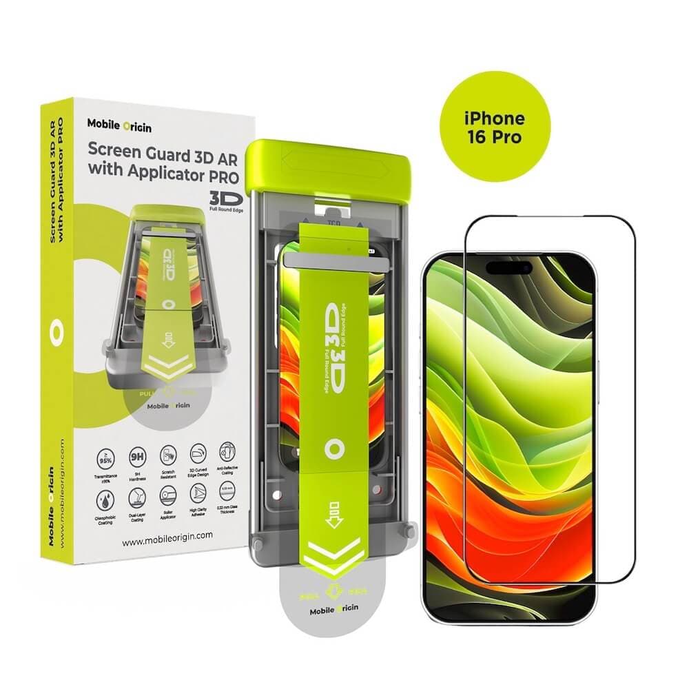 Стъклено защитно покритие за дисплея на дисплея на iPhone 16 Pro - Mobile Origin Screen Guard AR 3D Tempered Glass With Applicator Pro (черен-прозрачен)