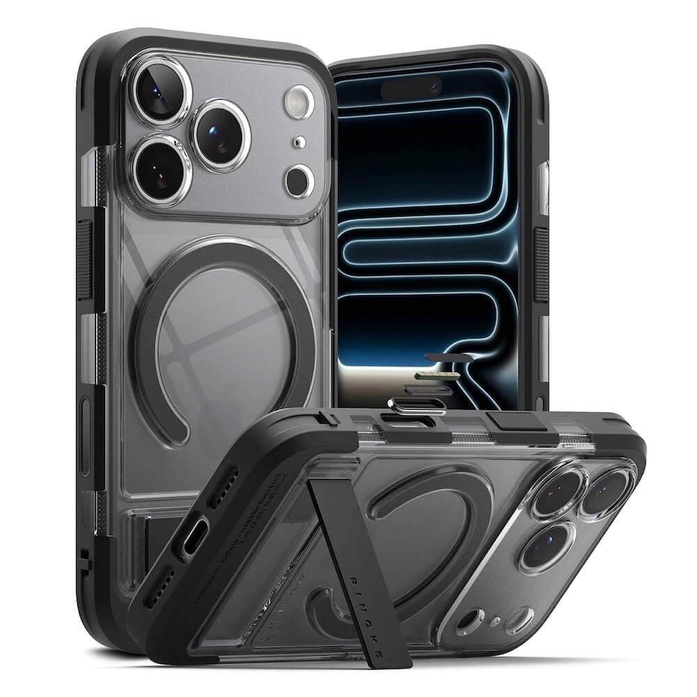 Хибриден удароустойчив кейс с MagSafe и вградена поставка за iPhone 17 Pro - Ringke UX Magnetic Hybrid Case (черен-прозрачен)