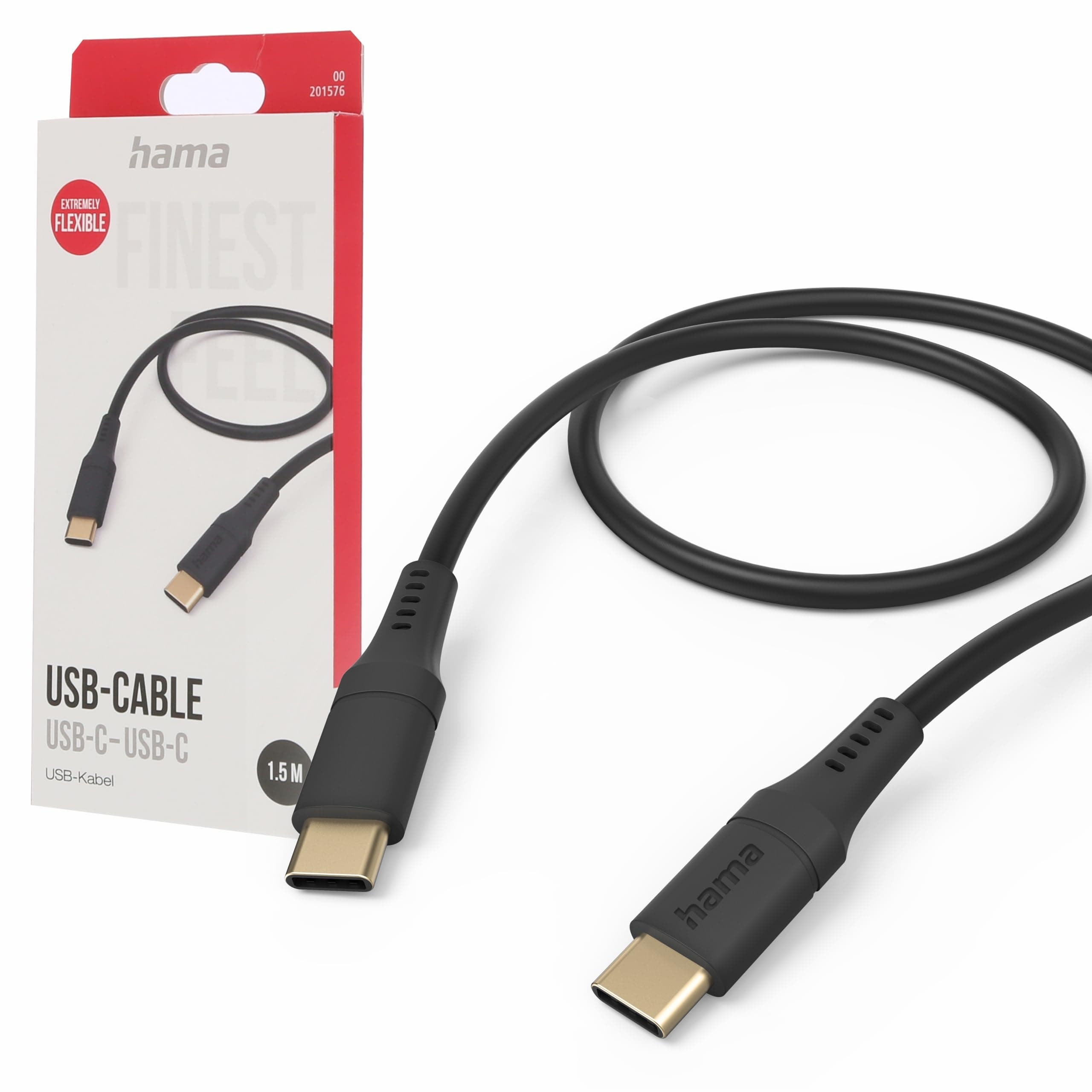 HAMA Кабел за зареждане Flexible, USB-C - USB-C, 1.5 м, силиконов, черен