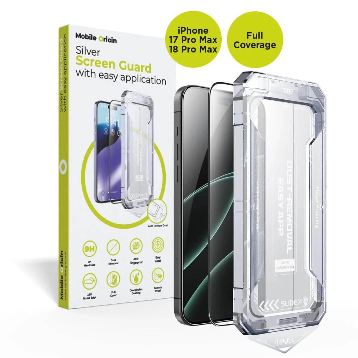 Стъклено защитно покритие за дисплея на дисплея на iPhone 18 Pro Max, iPhone 17 Pro Max - Mobile Origin Silver Screen Guard 2.5D Tempered Glass With Applicator (черен-прозрачен)