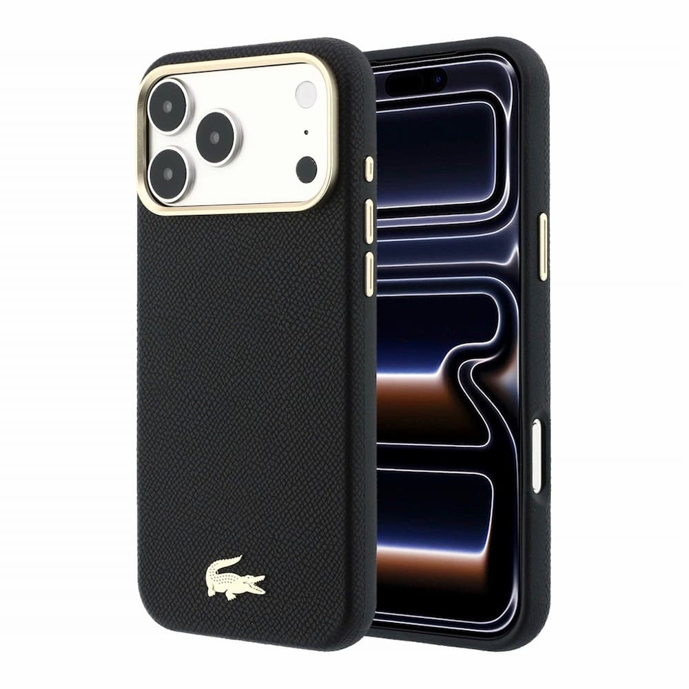 Дизайнерски кожен кейс с MagSafe за iPhone 18 Pro, iPhone 17 Pro - Lacoste PU Champs Elysees Gold Logo MagSafe Leather Hard Case (черен)