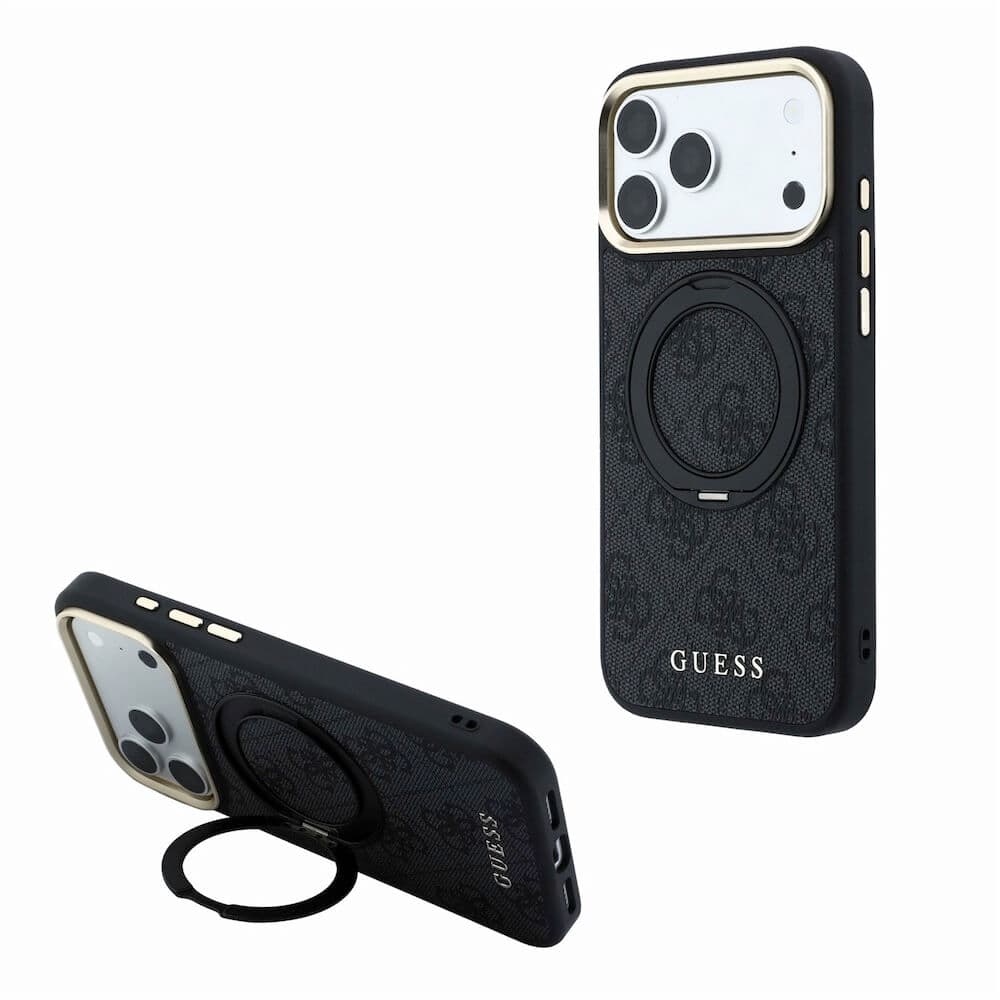 Дизайнерски кожен кейс с MagSafe за iPhone 18 Pro Max, iPhone 17 Pro Max - Guess PU 4G Ring Stand MagSafe Leather Hard Case (black)