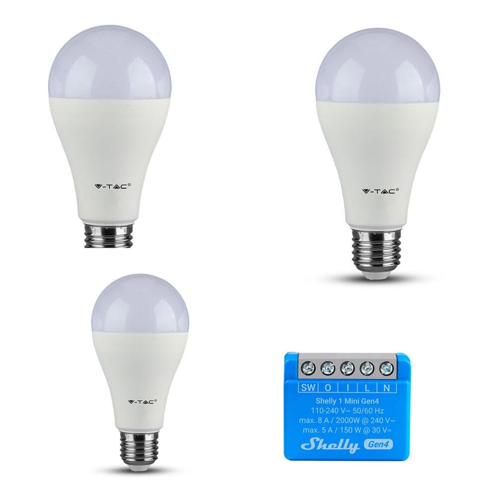 Комплект смарт крушки и Wi-Fi реле Shelly Smart Light Bundle, изисква неутрала, 5 гнезда, сензор за вътрешна температура, E27, A60, 9W, 806lm, 4000K