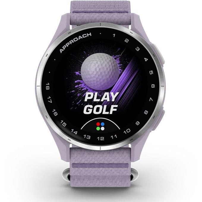 Смарт часовник Garmin Approach J1, за голф, 1.2" (30.4mm) AMOLED дисплей, GPS, 4GB Flash памет, функции за голф, жироскоп, акселерометър, 5ATM защита, до 10 дни време на работа, сребрист алуминиев безел с lilac ComfortFit каишка