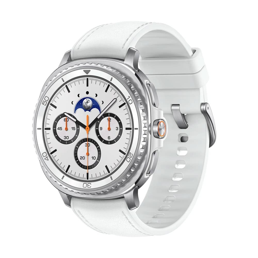 Смарт часовник Samsung Galaxy Watch8 Classic 46mm Silver (SM-L500NZWAEUB), 1.3" (3.3cm) Super AMOLED дисплей, Bluetooth, Wi-Fi, акселерометър, следене на кръвно налягане, 5 ATM водоустойчивост, до 30 часа живот на батерията, сребрист, бяла каишка