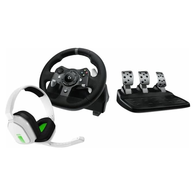 Волан Logitech Driving Force G920 в комплект със слушалки Logitech Astro A10, 900° въртене, два мотора за вибрация и реализъм, USB, за Xbox Series X|S/Xbox One/PC