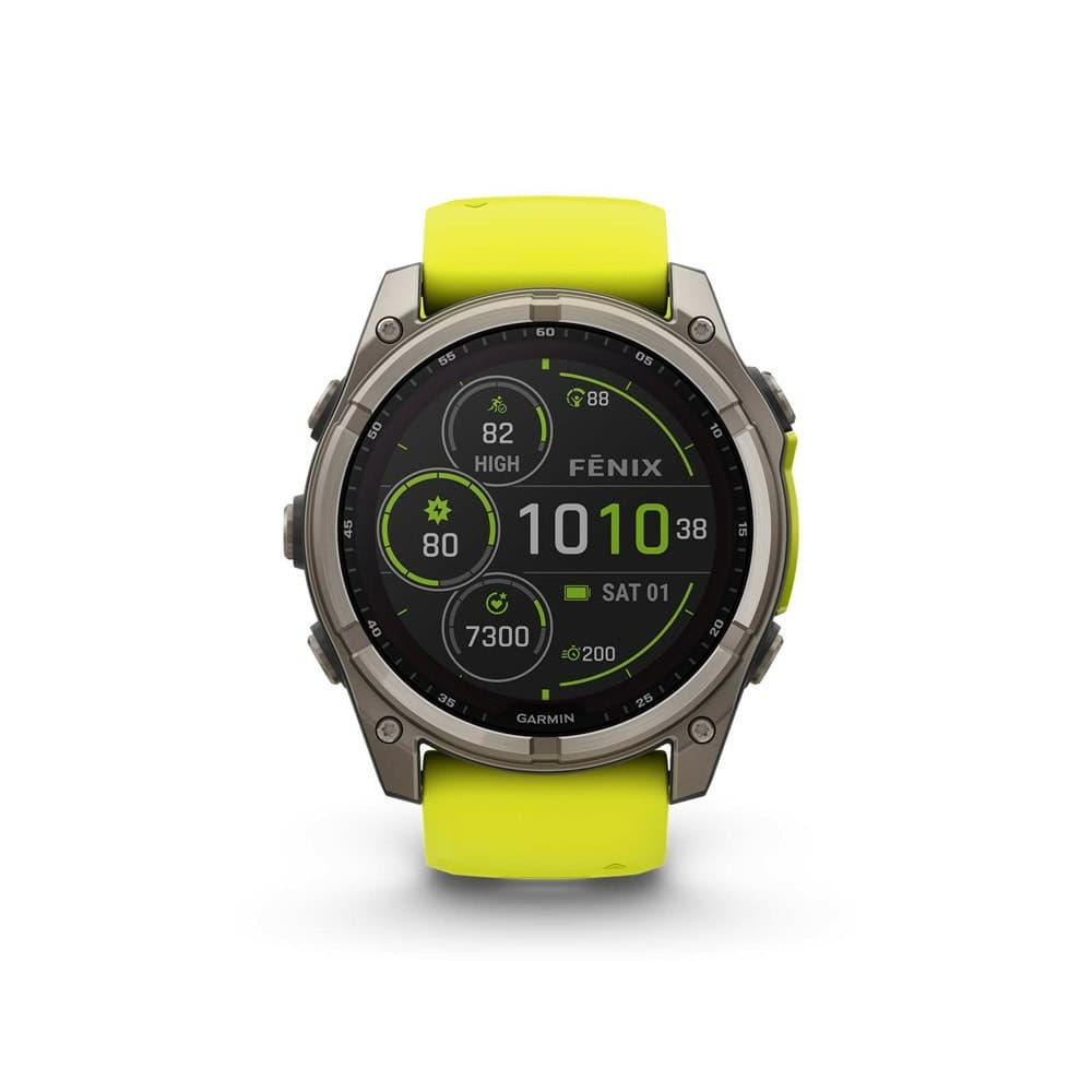 Смарт часовник Garmin FENIX 8 - 51 мм Solar Sapphire Titanium, 1.4"(3.55cm), трансфлективен дисплей, GPS, Bluetooth,10 ATM, 32 GB вградена памет, 30 дни време на работа, с Amp Yellow/Graphite със силиконова каишка