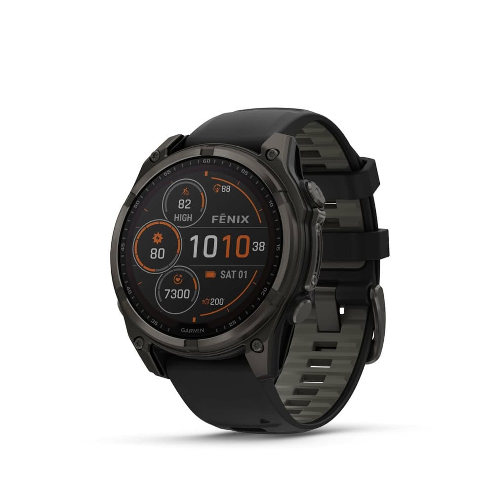 Смарт часовник Garmin FENIX 8 SOLAR 47 мм Sapphire, 1.3"(3.30), трансфлективен дисплей, GPS, Bluetooth, 10 ATM, 32 GB вградена памет, 21 дни време на работа, Black/Pebble Gray силиконова каишка, сив