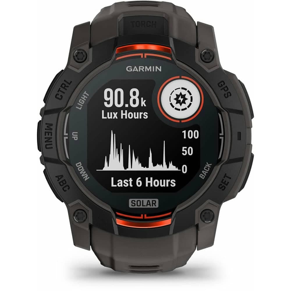 Смарт часовник Garmin Instinct 3 - 50mm Solar Charcoal Black, дизайн с два прозореца, 1.1" x 1.1" (27.0 cm) MIP дисплей, Bluetooth, ANT+, GPS, 128MB вградена памет, вградено фенерче, компас, 10ATM, до 40 дни време на работа, черен