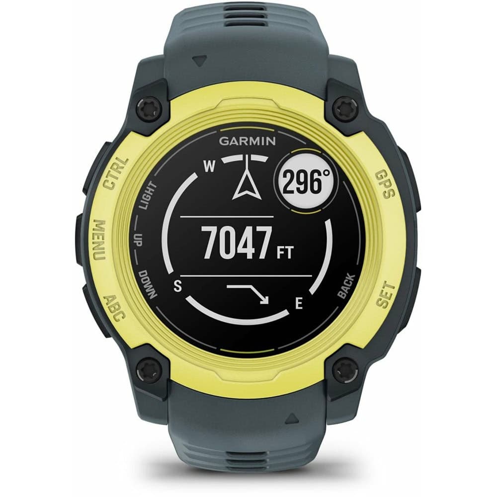 Смарт часовник Garmin Instinct E - 40mm Electric Lime Twilight, 40 mm, дизайн с два прозореца, 0.86" x 0.86" (2.2 cm) MIP дисплей, Bluetooth, ANT+, GPS, 128MB вградена памет, мониторинг на съня, компас, 10ATM, до 14 дни време На работа, черно-жълт