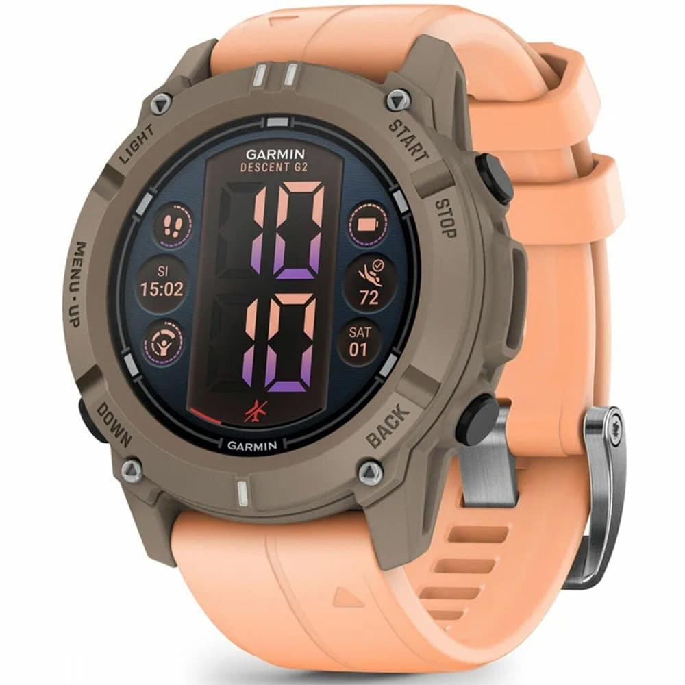Смарт часовник Garmin Descent G2 Paloma, 1.2" (3.04cm) AMOLED дисплей, Bluetooth, ANT+, GPS, 4GB Flash памет, гмуркане до 100m, акселерометър, пулсомер, компас, термометър, Connect IQ, до 12 дни живот на батерията, Shell Pink розова каишка
