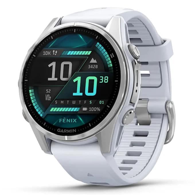 Смарт часовник Garmin fenix 8 43mm (Silver/Whitestone), 1.3" (3.3cm) AMOLED дисплей, Bluetooth, ANT+, Wi-Fi, GPS, 32GB Flash памет, мониторинг на съня, следене на сърдечния ритъм, 10ATM, до 10 дни време на работа, бял/сребрист