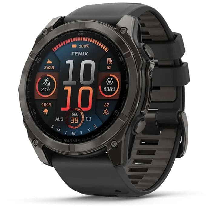 Смарт часовник Garmin fenix 8 51mm (Black/Pebble Grey), 1.4" (3.55cm) AMOLED дисплей, Bluetooth, ANT+, Wi-Fi, GPS, 32GB Flash памет, мониторинг на съня, следене на сърдечния ритъм, 10ATM, до 29 дни време на работа, Sapphire/Carbon DLC, черен