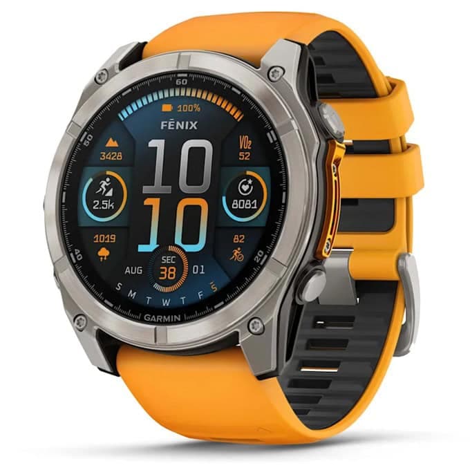 Смарт часовник Garmin fenix 8 51mm (Spark Orange/Graphite), 1.4" (3.55cm) AMOLED дисплей, Bluetooth, ANT+, Wi-Fi, GPS, 32GB Flash памет, мониторинг на съня, следене на сърдечния ритъм, 10ATM, до 29 дни време на работа, Sapphire/Titanium, оранжев