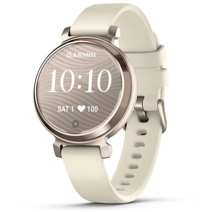 Смарт часовник Garmin Lily 2 (Cream Gold/Coconut), 1" x 0.84" (2.54cm x 2.13cm) монохромен дисплей, Bluetooth, следене на сърдечна честота, пулсомер, мониторинг на съня, 5ATM, до 5 дни време на работа, бежов