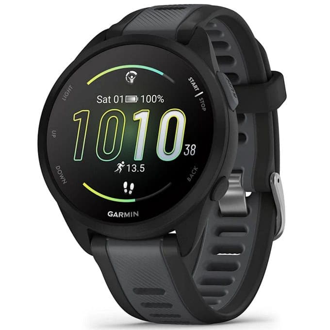 Смарт часовник Garmin Forerunner 165 (Black/Slate Grey), 1.2" (3.04cm) AMOLED дисплей, Bluetooth, ANT+, GPS, 4GB Flash памет, пулсомер, измерване на SpO2, мониторинг на съня, 5ATM, до 11 дни време на работа, черен