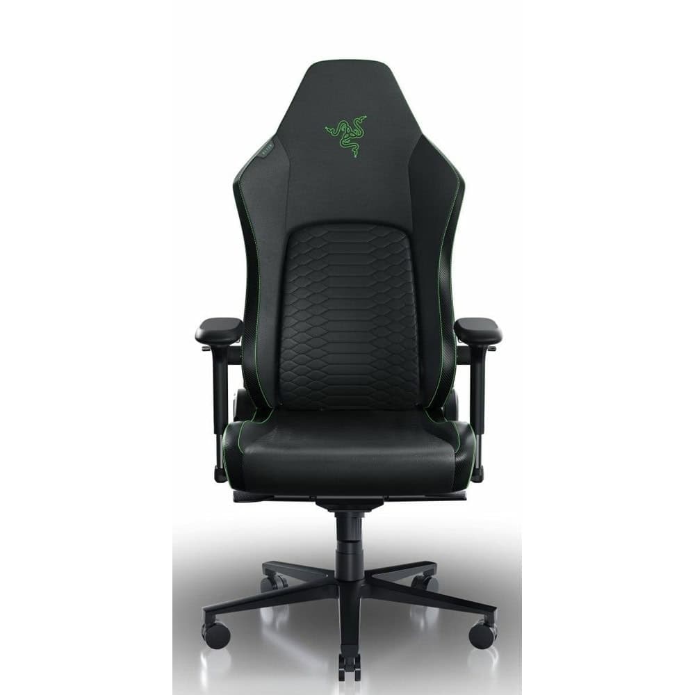 Геймърски стол Razer Iskur V2 Green (RZ38-04900100-R3G1), до 136kg, изкуствена кожа, метална рамка, регулируеми подлакътници, регулируема облегалка, лумбална опора, черно-зелен