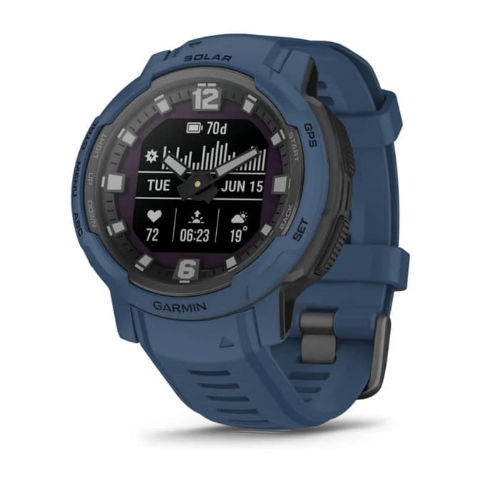 Смарт часовник Garmin Instinct Crossover Solar Tidal Blue, хибриден, MIP дисплей, 23 x 23 mm (0,9" x 0,9"), до 28 дни време за работа, слънчево зареждане, 64 MB Flash памет, GPS, пулсомер, Bluetooth, крачкомер, тъмносин