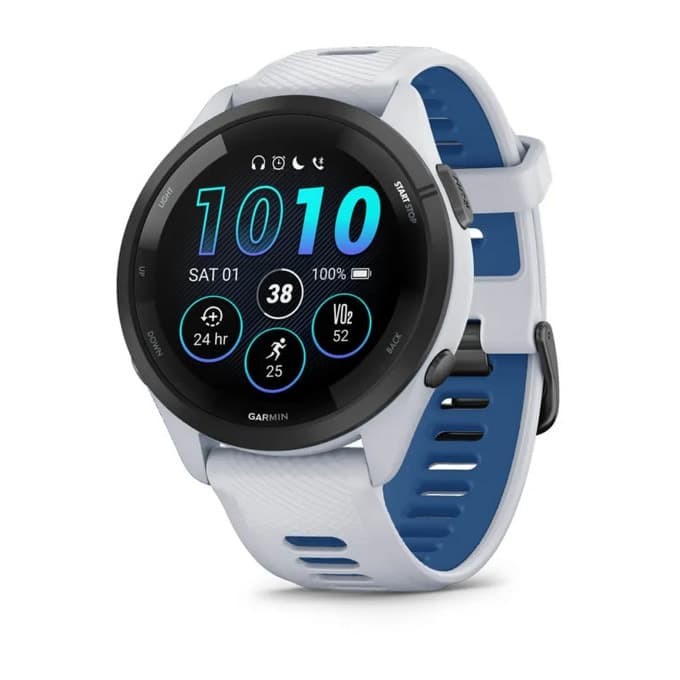 Смарт часовник Garmin Forerunner 265 Tidal Blue, 32.5mm (1.3"), Bluetooth, Wi-Fi, до 13 дни време за работа, множество фитнес функции, профили за бягане, 8GB Flash памет, бял корпус със синьо-бяла каишка