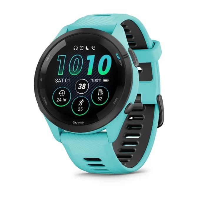 Смарт часовник Garmin Forerunner 265 Aqua Black, 32.5mm (1.3"), Bluetooth, Wi-Fi, до 13 дни време за работа, множество фитнес функции, профили за бягане, 8GB Flash памет, син корпус с черно-синя каишка