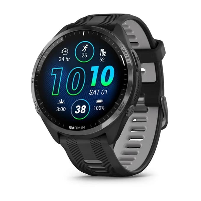 Смарт часовник Garmin Forerunner 965 Carbon Grey DLC Titanium, за бегачи, 35.4 мм (1,4"), AMOLED дисплей, 32GB Flash памет, Bluetooth, Wi-Fi, GPS, до 23 дни време за работа, черен с черна силиконова каишка