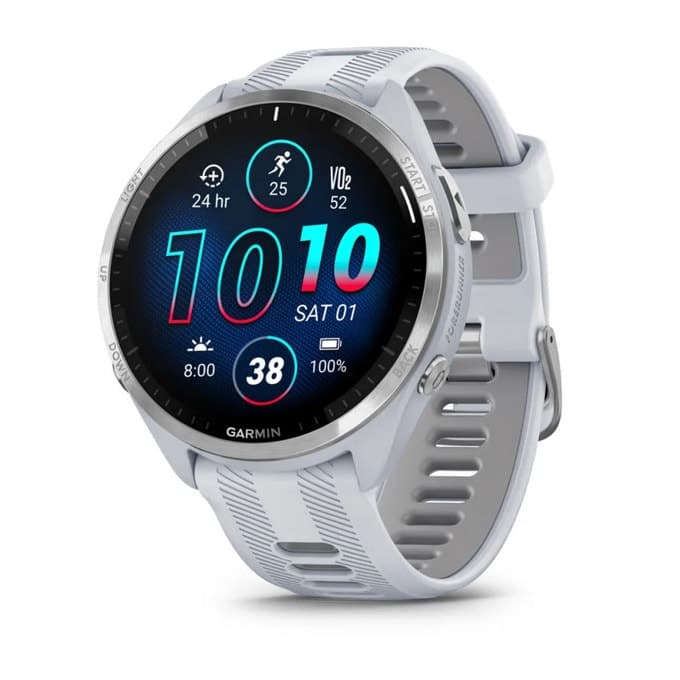 Смарт часовник Garmin Forerunner 965 Whitestone, за бягане, 35,4 мм (1.4"), AMOLED дисплей, 32GB Flash памет, Bluetooth, Wi-Fi, GPS, мониторинг на съня, до 23 дни време за работа, сив корпус със светлосива каишка