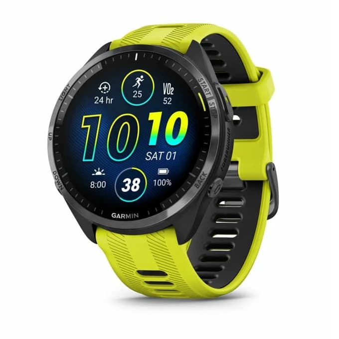 Смарт часовник Garmin Forerunner 965 Carbon Grey DLC Titanium, за бегачи, 35.4 мм (1,4"), AMOLED дисплей, 32GB Flash памет, Bluetooth, Wi-Fi, GPS, до 23 дни време за работа, черен с жълто-черна силиконова каишка
