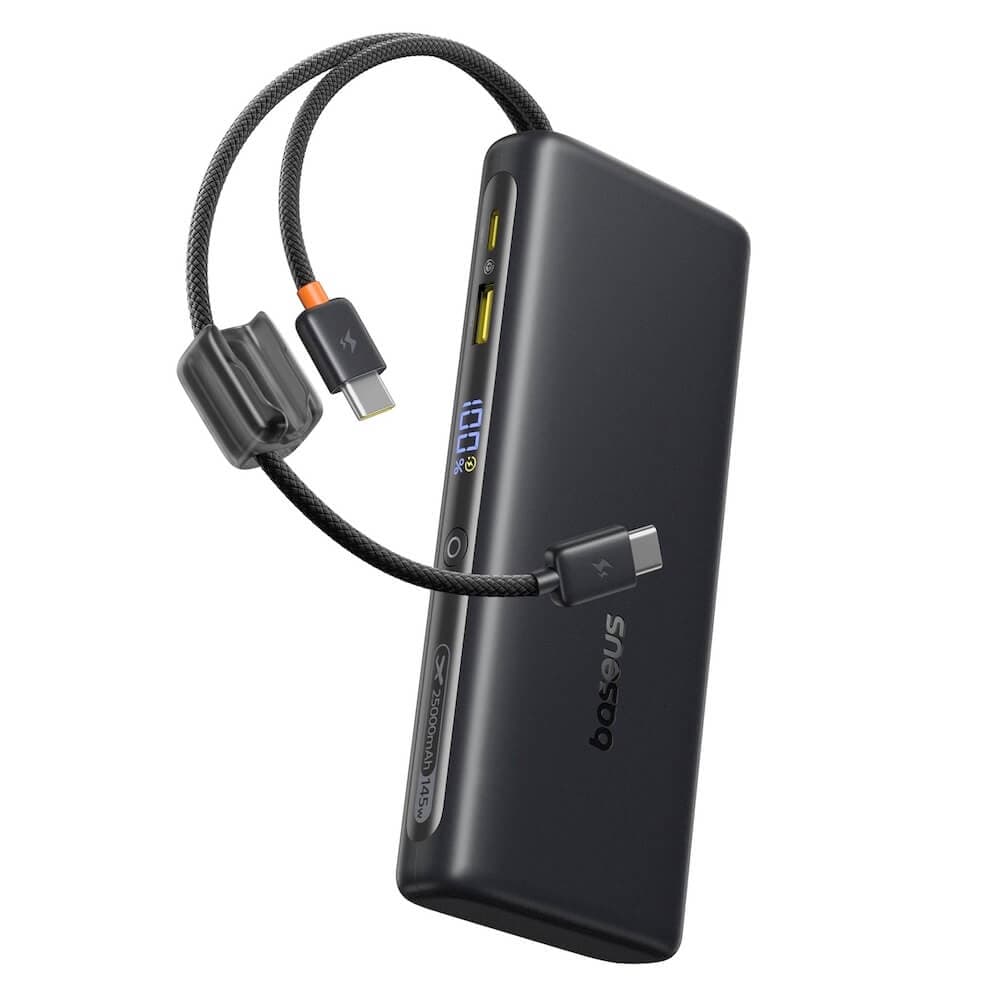 Външна батерия с вградени USB-C кабели, USB-A и USB-C изходи и технология за бързо зареждане - Baseus CCC EnerFill FC41 Digital Display Power Bank 145W 25000 mAh (E0028H03)