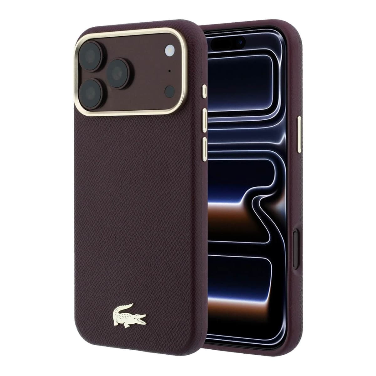 Дизайнерски кожен кейс с MagSafe за iPhone 18 Pro, iPhone 17 Pro - Lacoste PU Champs Elysees Gold Logo MagSafe Leather Hard Case (burgundy)