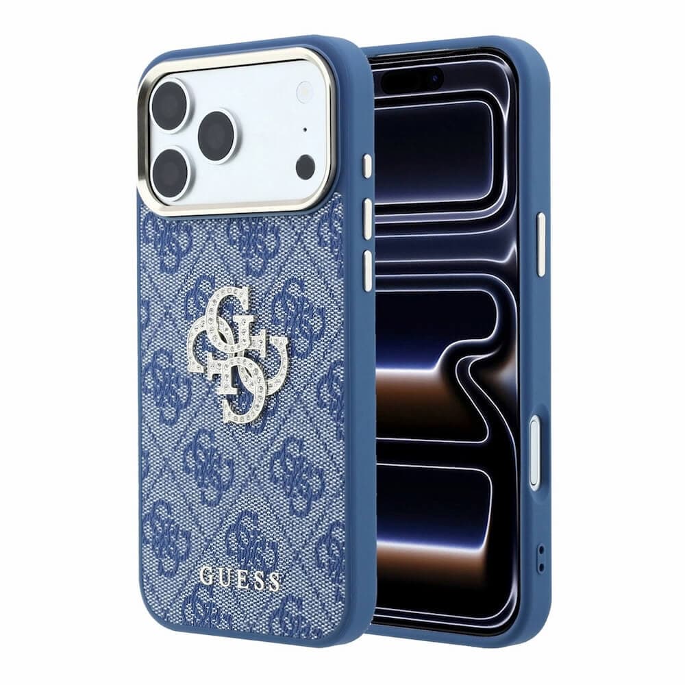 Дизайнерски удароустойчив кейс с MagSafe за iPhone 18 Pro - Guess PU 4G Strass Metal Logo Case for iPhone 18 Pro (blue)