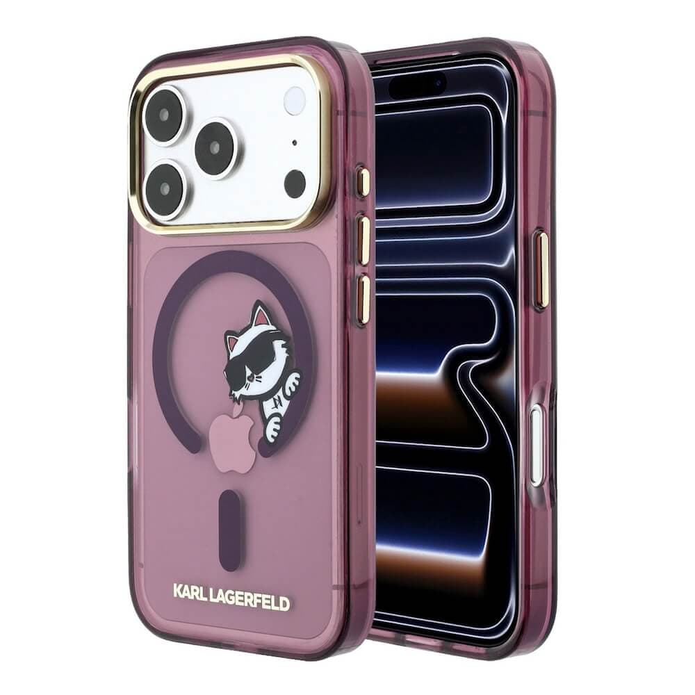 Хибриден удароустойчив кейс с MagSafe за iPhone 18 Pro Max - Karl Lagerfeld IML Choupette Peekaboo Magsafe Case (burgundy)