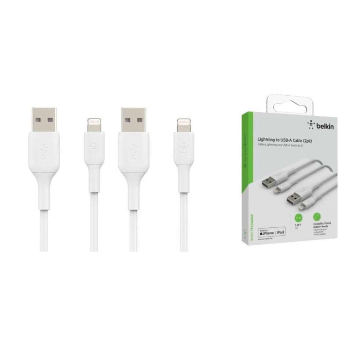 Комплект 2 броя USB-A към Lightning (MFI) кабели за Apple устройства с Lightning порт - Belking BoostCharge USB-A to Lightning Cable 2 Pack (100 см) (бял)