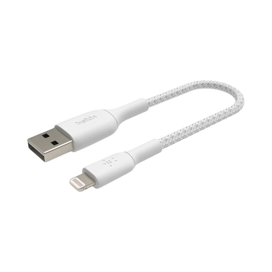 Сертифициран (MFI) USB-A към Lightning кабел за Apple устройства с Lightning порт (15 см) - Belkin BoostCharge Braided USB-A to Lightning Cable (бял)