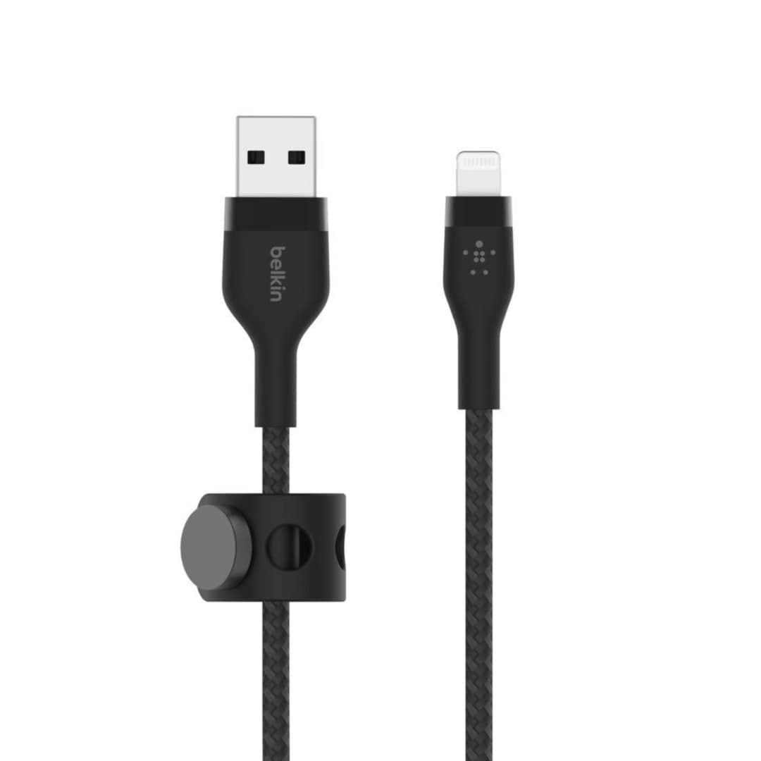Здрав кабел с въжена оплетка и бързо зареждане за устройства с USB-А към Lightning кабел за Apple устройства с Lightning порт - Belkin BoostCharge Pro Flex USB-A to Lightning Cable (100см) (черен)