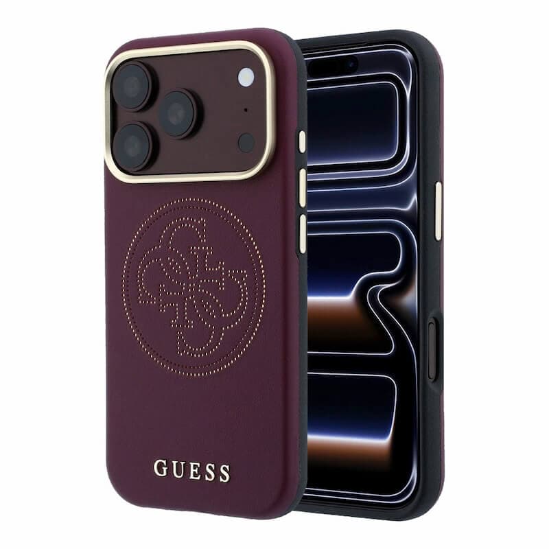Дизайнерски хибриден удароустойчив кейс с MagSafe за iPhone 18 Pro - Guess PU Semi Wrap Perforated 4G Logo MagSafe Case (burgundy)