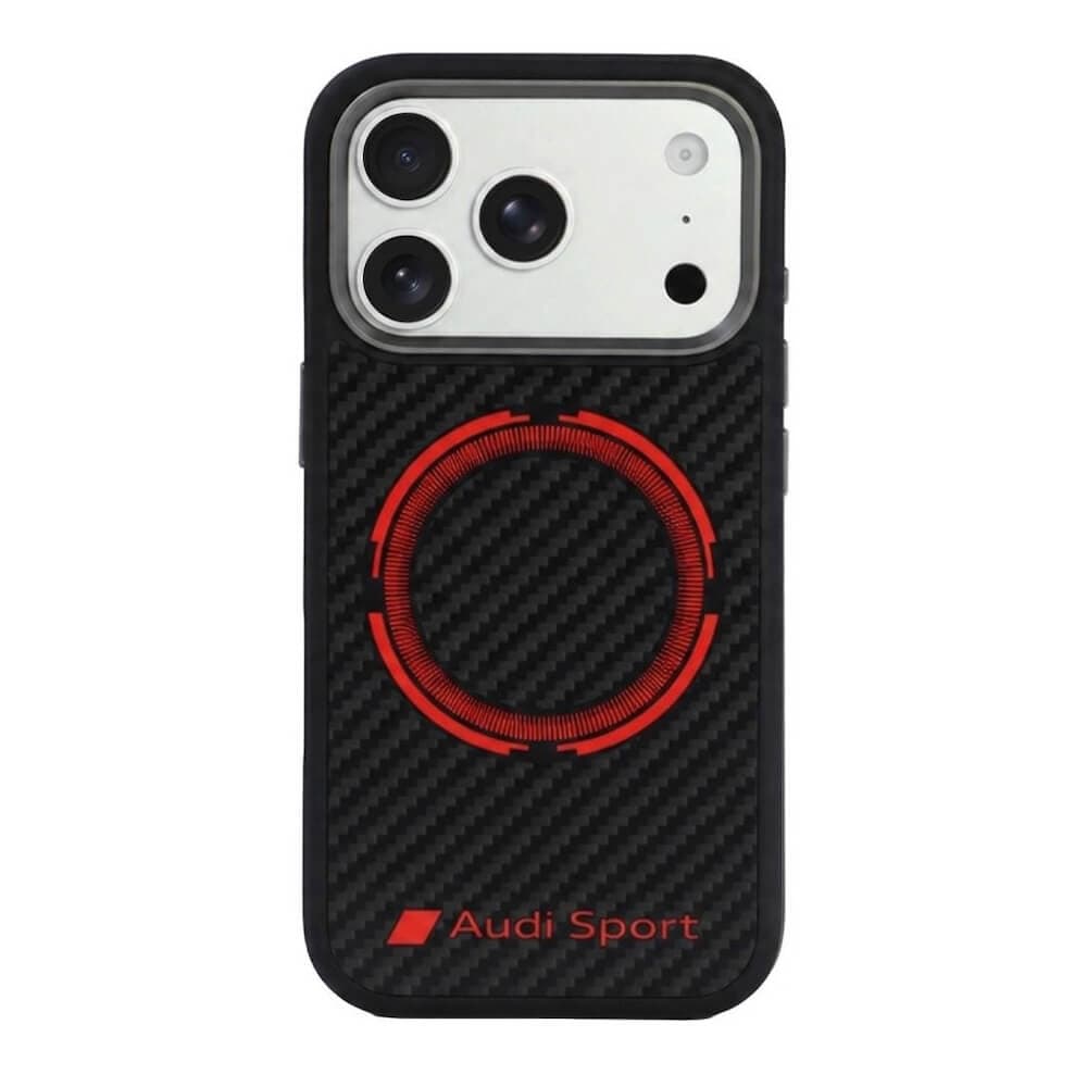 Дизайнерски карбонов кейс с MagSafe за iPhone 18 Pro Max, iPhone 17 Pro - Audi RSQ Carbon Fiber Red Circle MagSafe Hard Case (black)