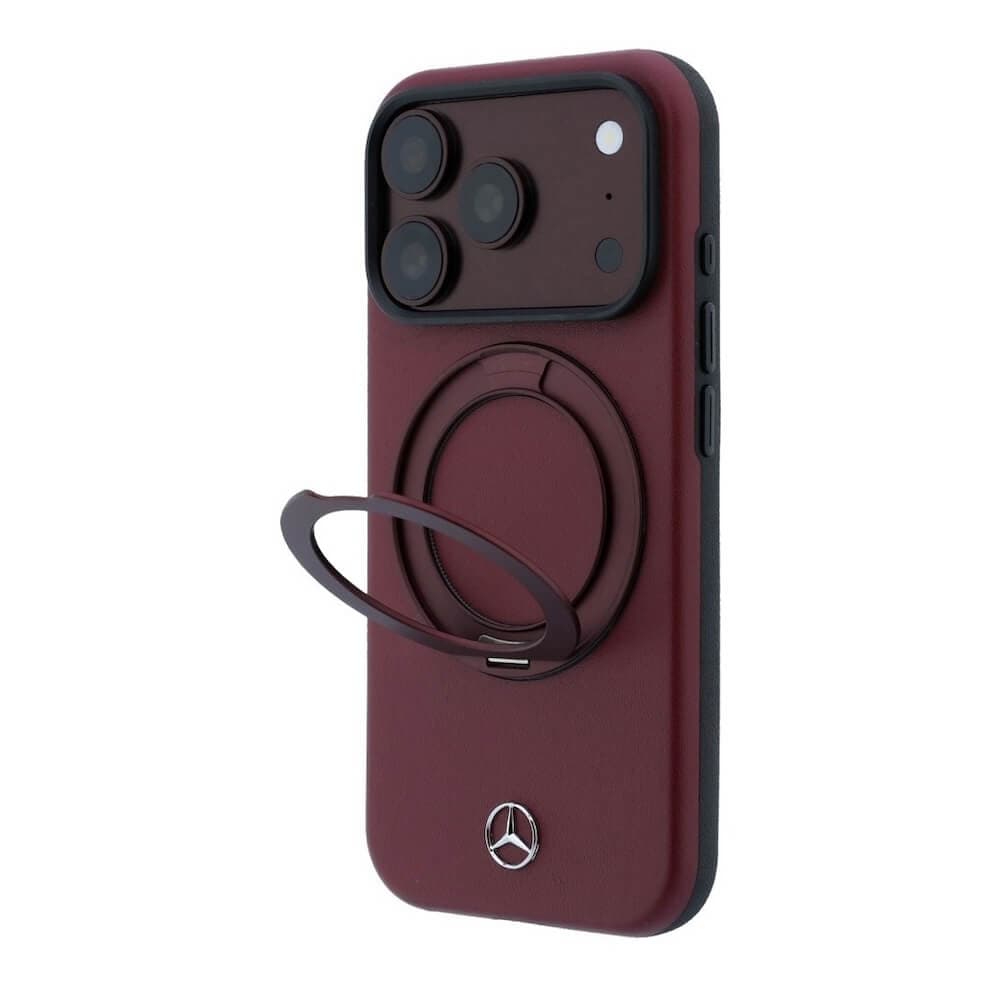 Дизайнерски кожен кейс с MagSafe за iPhone 18 Pro, iPhone 17 Pro - Mercedes Ring Stand Leather MagSafe Case (burgundy)