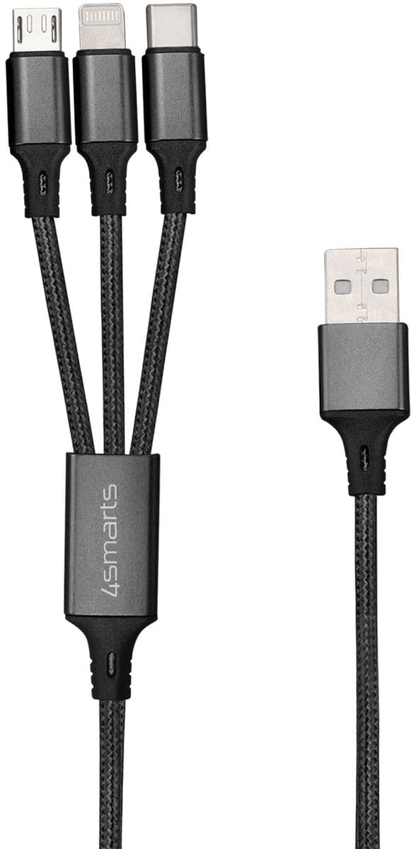 Качествен многофункционален кабел за microUSB, Lightning и USB-C стандарти (20см) - 4smarts 3in1 Cable ForkCord (черен)