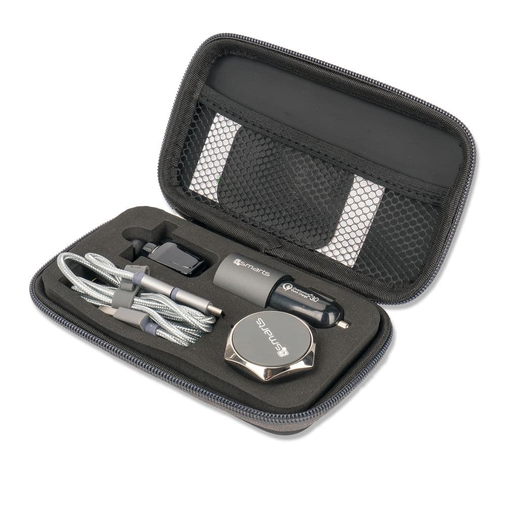 Комплект аксесоари кабел, зарядно и поставка за мобилни устройства - 4smarts Travel Set Box (черен)