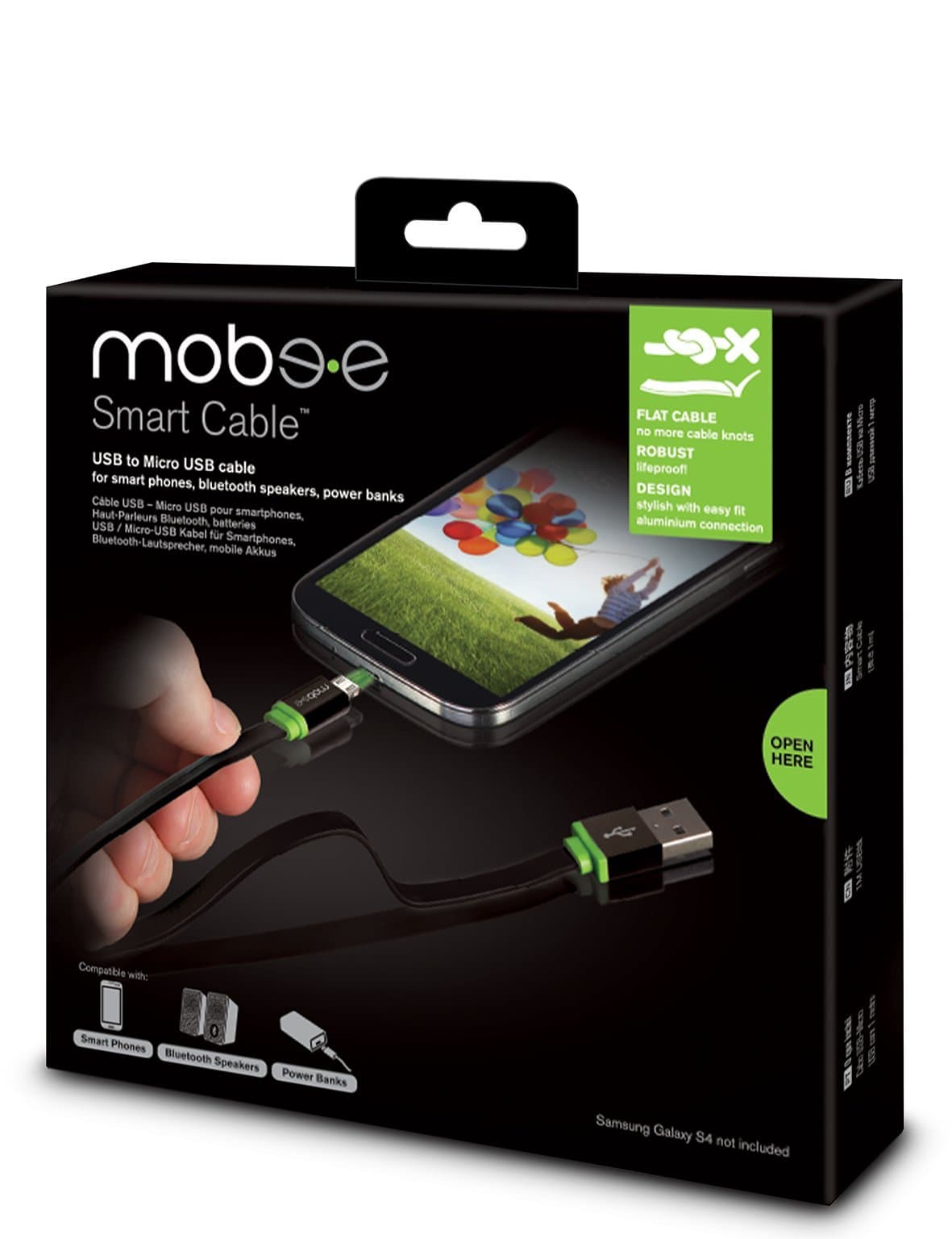 Кабел изработен от рециклирани материали за устройства с microUSB (100 см) - Mobee Smart Cable (черен)